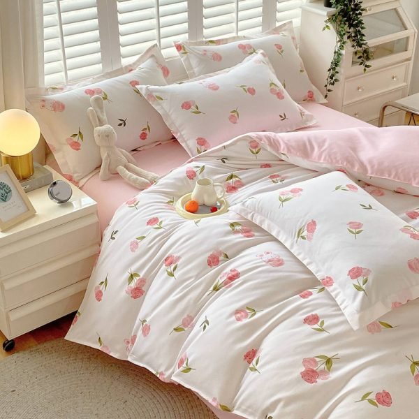 Juego de Funda Nórdica de Algodón 4 Piezas Lijado Blooming Flowers