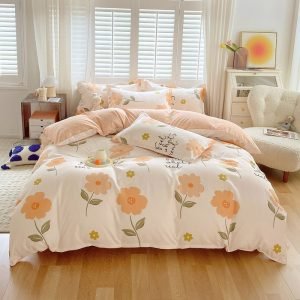 Juego de Funda Nórdica de Algodón 4 Piezas Lijado Inicio de Verano Naranja
