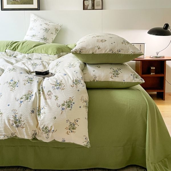 Juego de Funda Nórdica de Algodón Lavado con Jacquard Florcitas Verdes