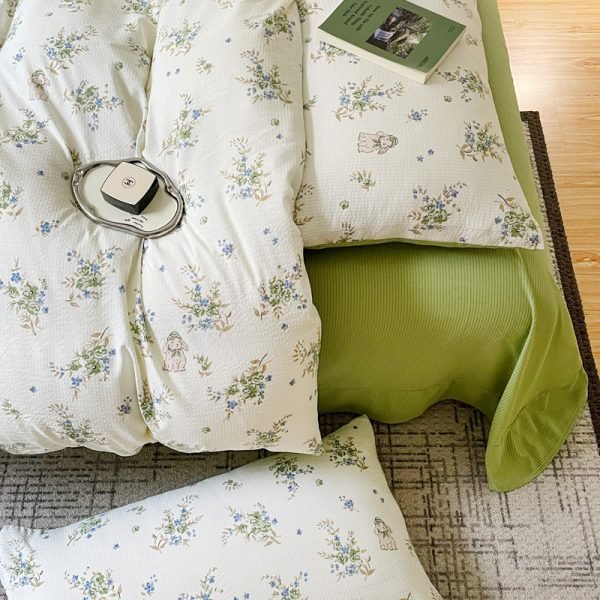 Juego de Funda Nórdica de Algodón Lavado con Jacquard Florcitas Verdes