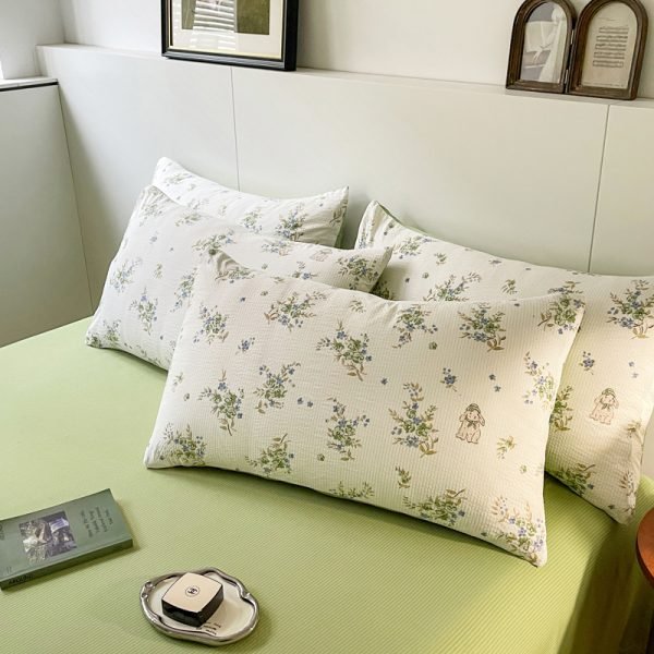 Juego de Funda Nórdica de Algodón Lavado con Jacquard Florcitas Verdes