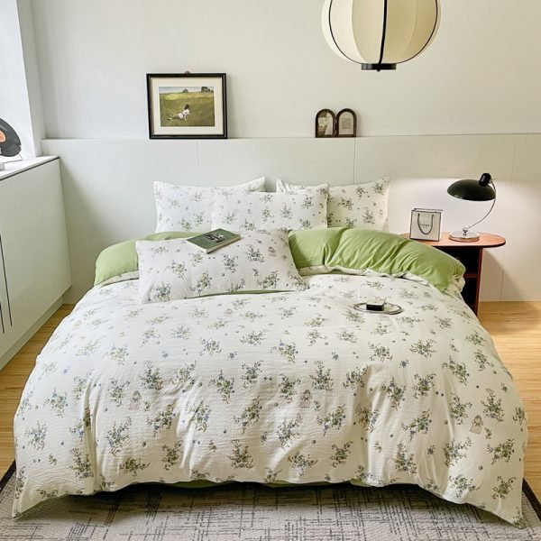 Juego de Funda Nórdica de Algodón Lavado con Jacquard Florcitas Verdes