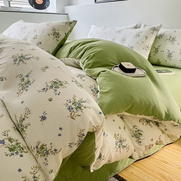 Juego de Funda Nórdica de Algodón Lavado con Jacquard Florcitas Verdes