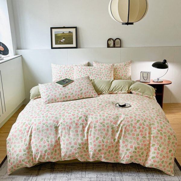 Juego de Funda Nórdica de Algodón Lavado con Jacquard Flores y Hojas