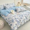 Juego de Funda Nórdica de Algodón 4 Piezas Lijado Estampado Azul