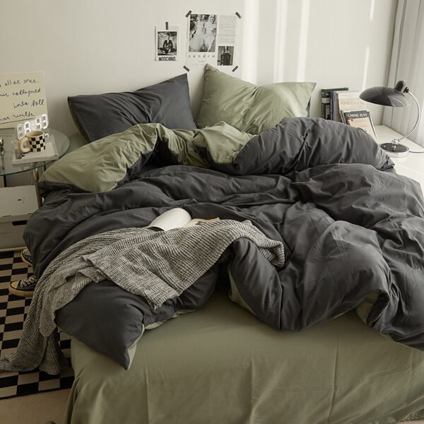 Juego de Funda Nórdica de Algodón 4 Piezas Lavado Color GrisOscuro VerdeMatcha