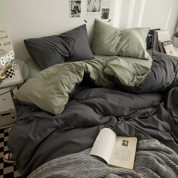 Juego de Funda Nórdica de Algodón 4 Piezas Lavado Color GrisOscuro VerdeMatcha